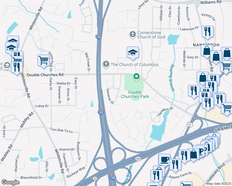 map of restaurants, bars, coffee shops, grocery stores, and more near 7403 Paprika Lane in Columbus