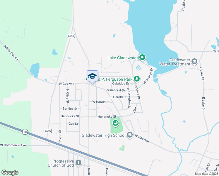 map of restaurants, bars, coffee shops, grocery stores, and more near 2211 Oakridge Drive in Gladewater