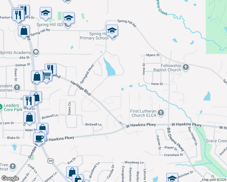 map of restaurants, bars, coffee shops, grocery stores, and more near 3900 Castle Ridge Dr in Longview