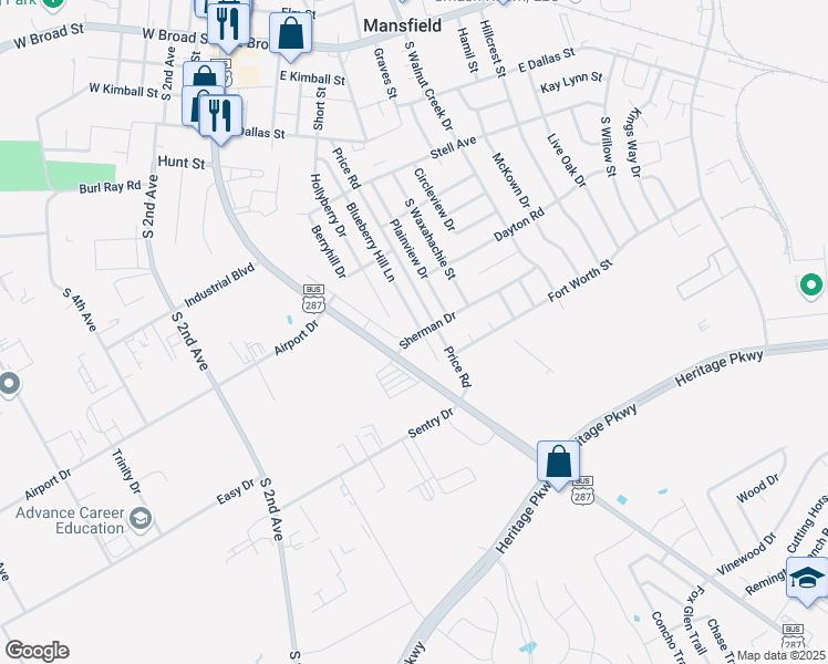 map of restaurants, bars, coffee shops, grocery stores, and more near 636 Blueberry Hill Lane in Mansfield