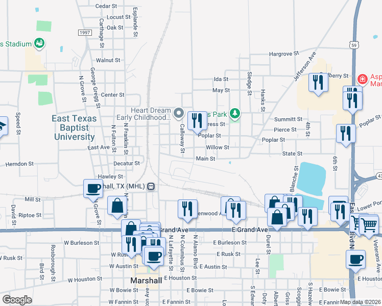 map of restaurants, bars, coffee shops, grocery stores, and more near 1101 Lake Street in Marshall