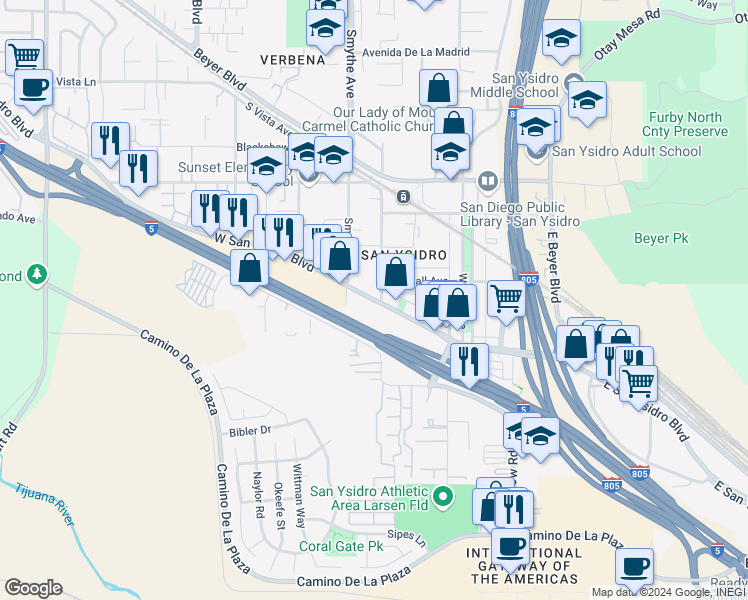 map of restaurants, bars, coffee shops, grocery stores, and more near 204 West San Ysidro Boulevard in San Diego