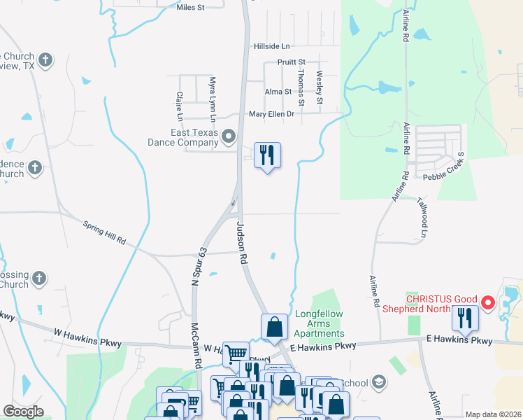 map of restaurants, bars, coffee shops, grocery stores, and more near 107 Hill Street in Longview