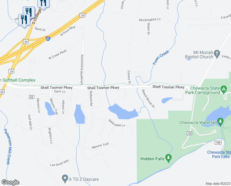 map of restaurants, bars, coffee shops, grocery stores, and more near 500 Shell Toomer Parkway in Auburn