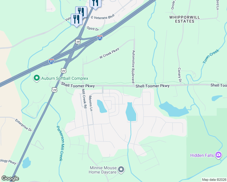 map of restaurants, bars, coffee shops, grocery stores, and more near Shell Toomer Parkway in Auburn