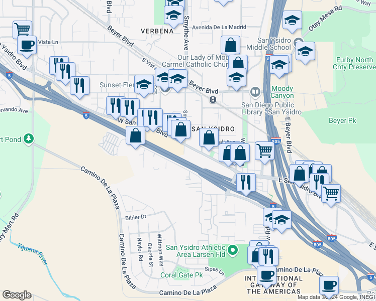 map of restaurants, bars, coffee shops, grocery stores, and more near 2391 Smythe Avenue in San Diego