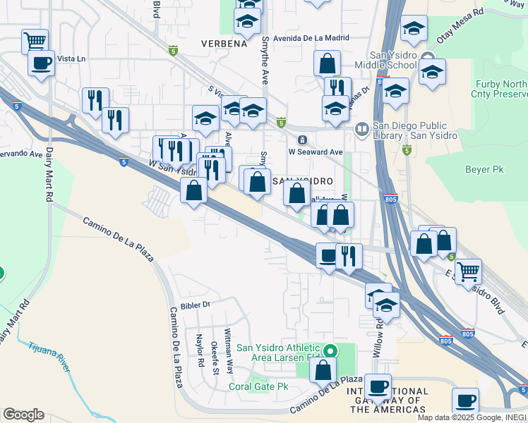 map of restaurants, bars, coffee shops, grocery stores, and more near 2391 Smythe Avenue in San Diego
