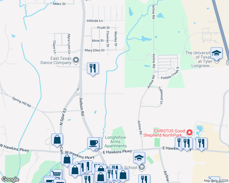 map of restaurants, bars, coffee shops, grocery stores, and more near 207 Hill Street in Longview
