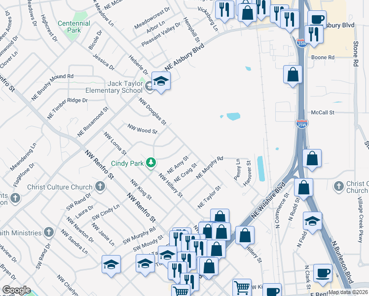 map of restaurants, bars, coffee shops, grocery stores, and more near 600 Northwest Douglas Street in Burleson