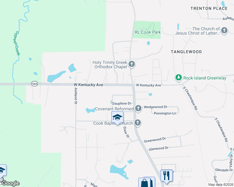 map of restaurants, bars, coffee shops, grocery stores, and more near 1524 Bonaparte Drive in Ruston
