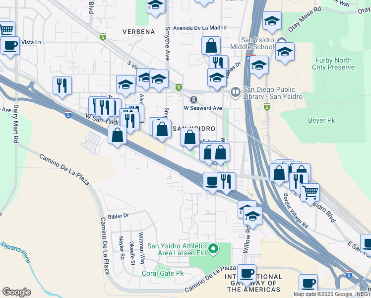 map of restaurants, bars, coffee shops, grocery stores, and more near 197 Cottonwood Road in San Diego