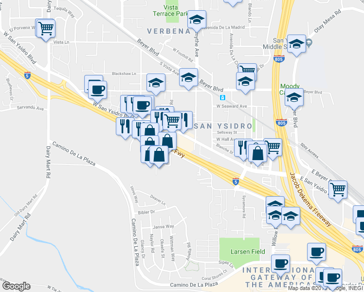 map of restaurants, bars, coffee shops, grocery stores, and more near 342 West San Ysidro Boulevard in San Diego