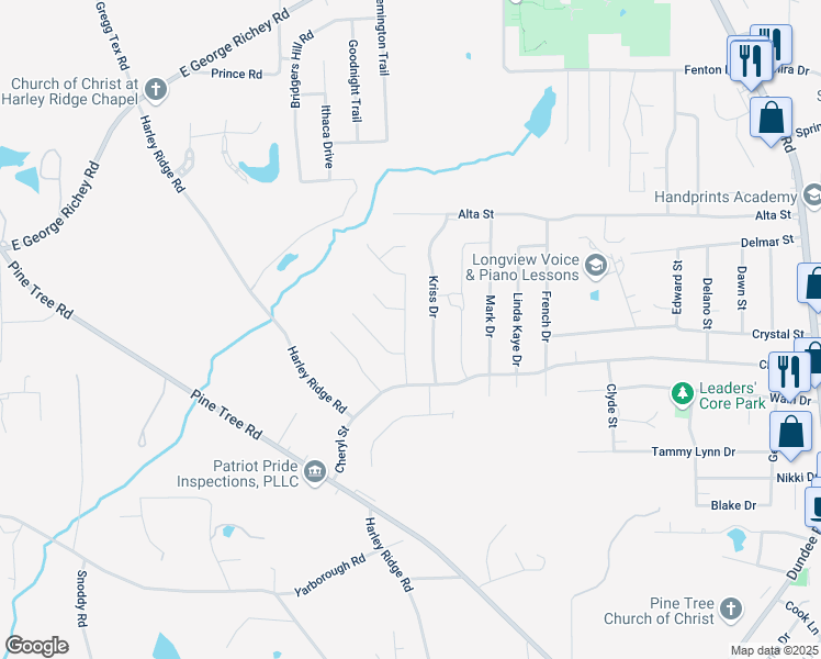 map of restaurants, bars, coffee shops, grocery stores, and more near 3714 Dowell Drive in Longview