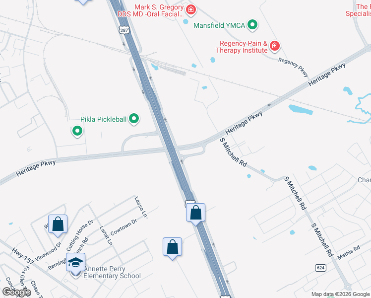 map of restaurants, bars, coffee shops, grocery stores, and more near Heritage Parkway in Mansfield