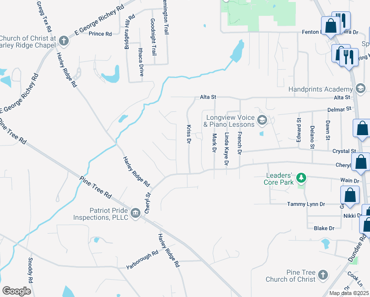 map of restaurants, bars, coffee shops, grocery stores, and more near 3715 Kriss Drive in Longview