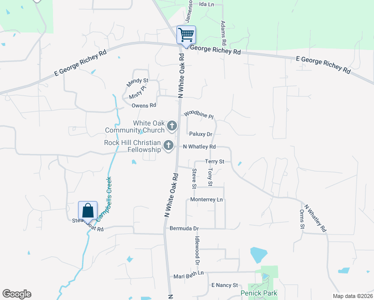 map of restaurants, bars, coffee shops, grocery stores, and more near 1509 North Whatley Road in White Oak