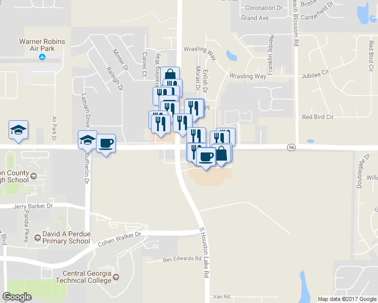 map of restaurants, bars, coffee shops, grocery stores, and more near 801 Highway 96 in Warner Robins