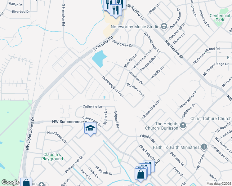 map of restaurants, bars, coffee shops, grocery stores, and more near 704 Hummingbird Trail in Crowley