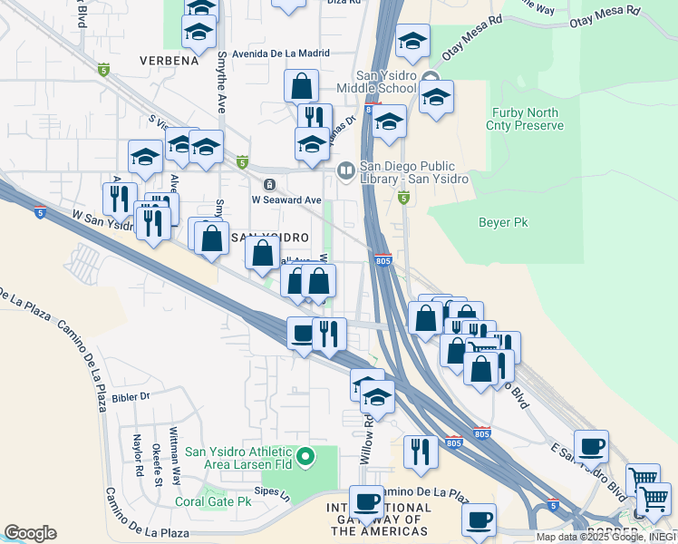 map of restaurants, bars, coffee shops, grocery stores, and more near 190 Pepper Drive in San Diego