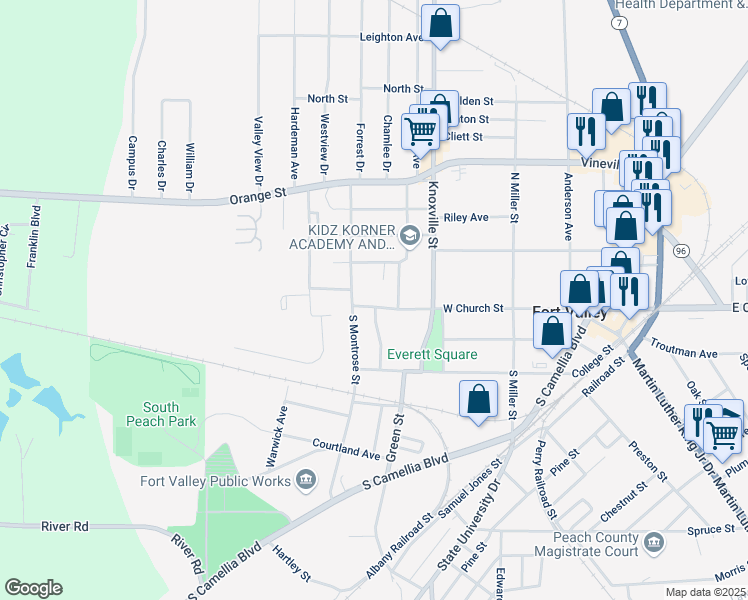 map of restaurants, bars, coffee shops, grocery stores, and more near 706 West Church Street in Fort Valley