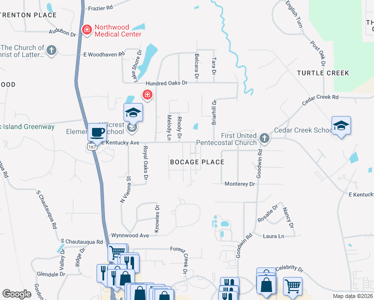 map of restaurants, bars, coffee shops, grocery stores, and more near 2314 Lily Drive in Ruston