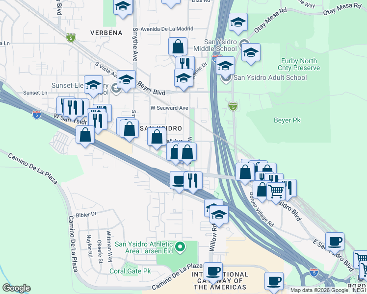 map of restaurants, bars, coffee shops, grocery stores, and more near 102 West Hall Avenue in San Diego