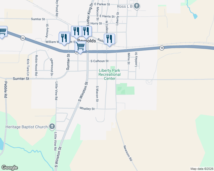 map of restaurants, bars, coffee shops, grocery stores, and more near 413 Liberty Street in Reynolds