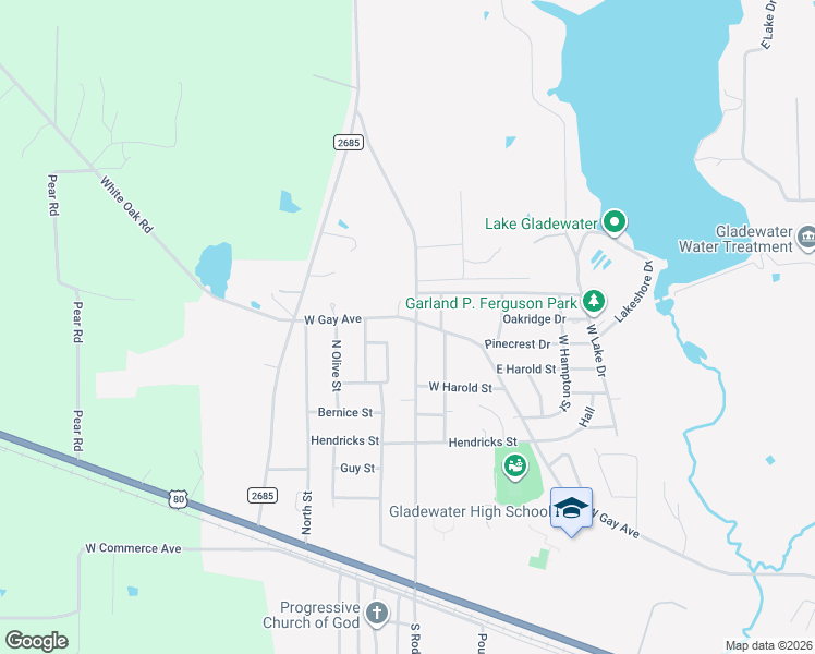 map of restaurants, bars, coffee shops, grocery stores, and more near 2743-2799 West Gay Avenue in Gladewater