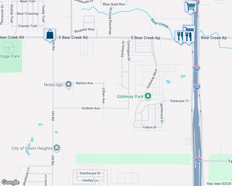 map of restaurants, bars, coffee shops, grocery stores, and more near 1906 Lillian Avenue in Glenn Heights