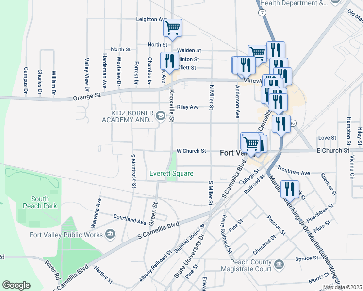 map of restaurants, bars, coffee shops, grocery stores, and more near 314 West Church Street in Fort Valley