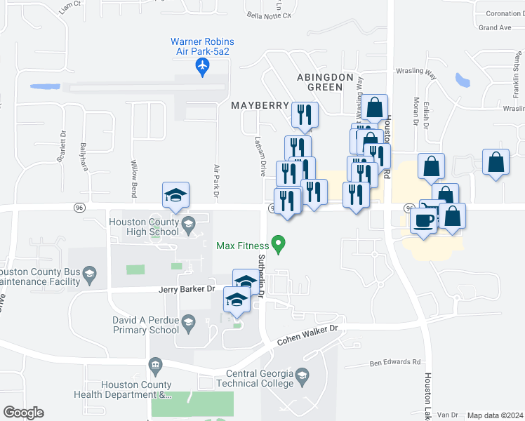 map of restaurants, bars, coffee shops, grocery stores, and more near 882 Georgia 96 in Warner Robins