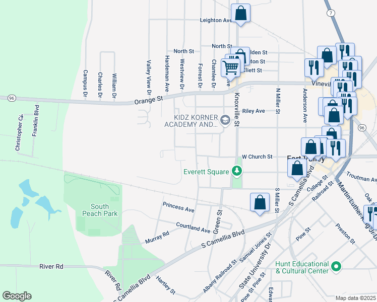 map of restaurants, bars, coffee shops, grocery stores, and more near 807 Evergreen Street in Fort Valley