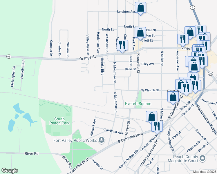 map of restaurants, bars, coffee shops, grocery stores, and more near 807 Evergreen Street in Fort Valley