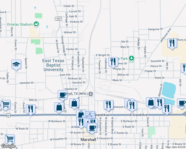map of restaurants, bars, coffee shops, grocery stores, and more near 1005 North Bolivar Street in Marshall