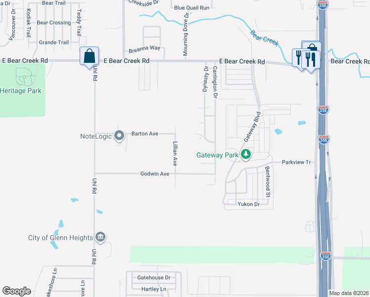 map of restaurants, bars, coffee shops, grocery stores, and more near 1906 Lillian Avenue in Glenn Heights