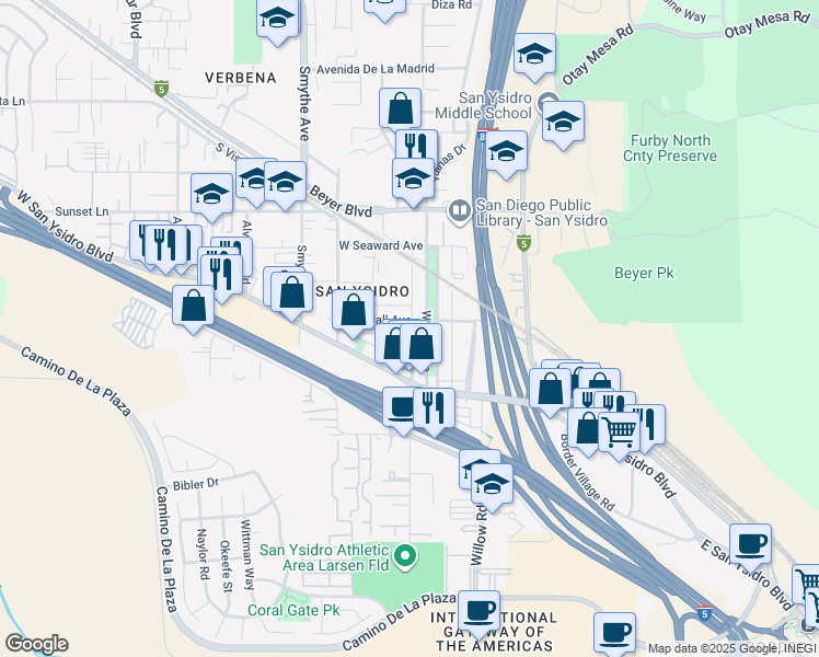 map of restaurants, bars, coffee shops, grocery stores, and more near 102 West Hall Avenue in San Diego