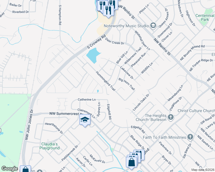 map of restaurants, bars, coffee shops, grocery stores, and more near 704 Hummingbird Trail in Crowley