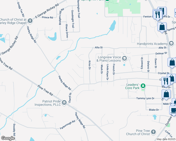 map of restaurants, bars, coffee shops, grocery stores, and more near 3715 Kriss Drive in Longview