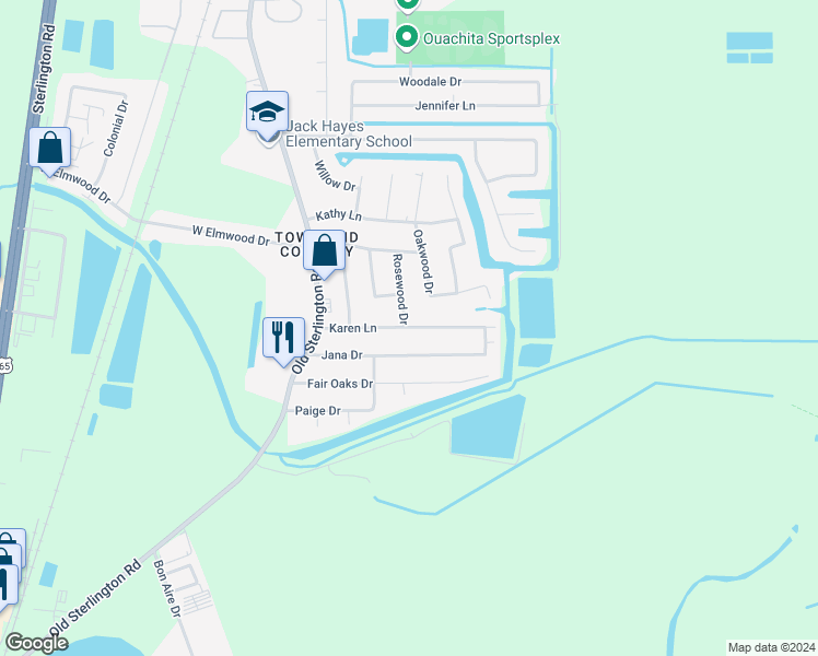 map of restaurants, bars, coffee shops, grocery stores, and more near 32 Karen Lane in Monroe