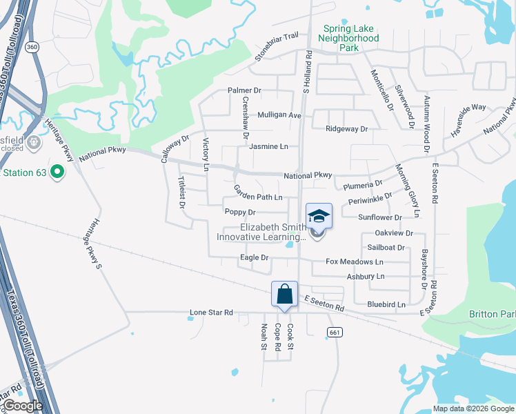 map of restaurants, bars, coffee shops, grocery stores, and more near 4307 Poppy Drive in Mansfield