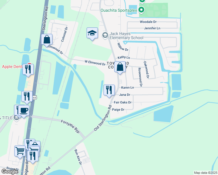 map of restaurants, bars, coffee shops, grocery stores, and more near 3111 Old Sterlington Road in Monroe