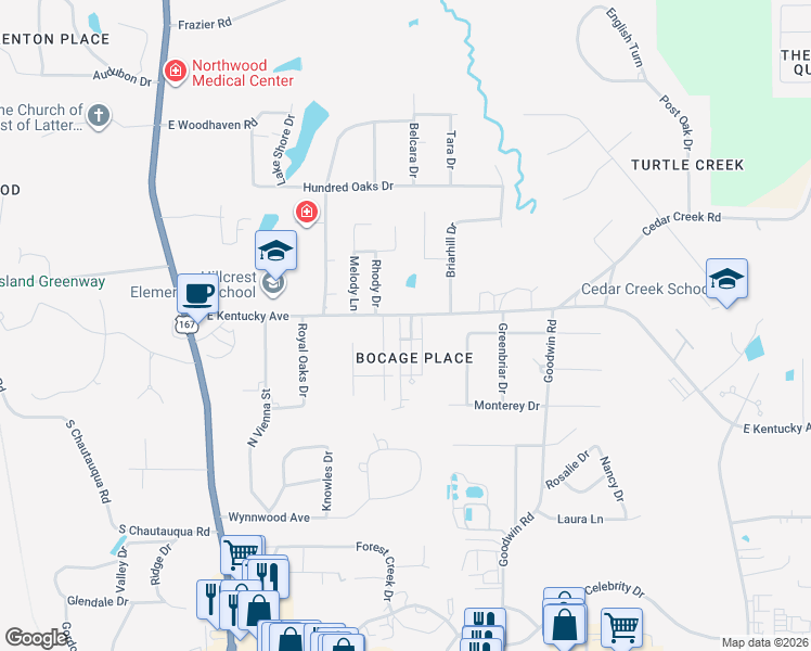 map of restaurants, bars, coffee shops, grocery stores, and more near 2337 Bocage Place in Ruston