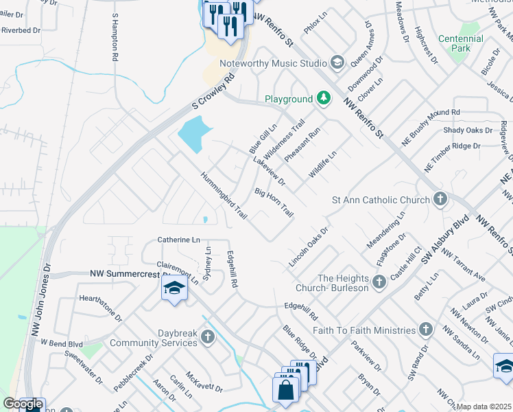 map of restaurants, bars, coffee shops, grocery stores, and more near 1408 Hummingbird Court in Crowley