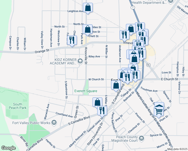 map of restaurants, bars, coffee shops, grocery stores, and more near 314 West Church Street in Fort Valley