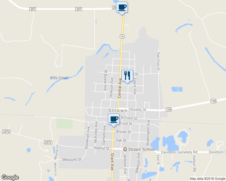 map of restaurants, bars, coffee shops, grocery stores, and more near 110 Pedigo Street in Strawn