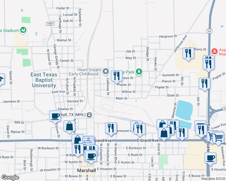 map of restaurants, bars, coffee shops, grocery stores, and more near 1101 Lake Street in Marshall