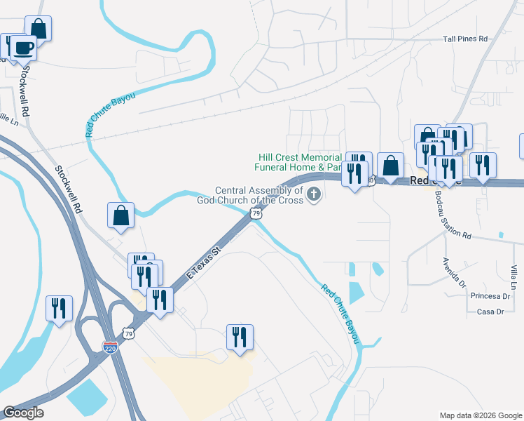 map of restaurants, bars, coffee shops, grocery stores, and more near 500 U.S. 79 in Haughton