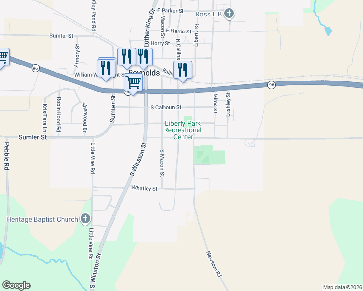 map of restaurants, bars, coffee shops, grocery stores, and more near 413 South Liberty Street in Reynolds