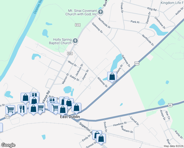 map of restaurants, bars, coffee shops, grocery stores, and more near 409 Attaway Street in Dublin