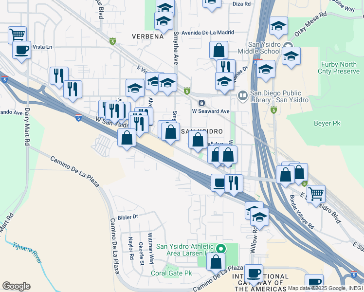 map of restaurants, bars, coffee shops, grocery stores, and more near 2391 Smythe Avenue in San Diego